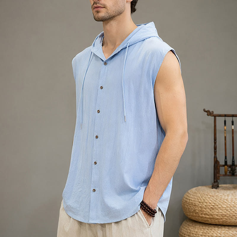 Buddha Stones Lässiges, minimalistisches Tanktop mit Knopfleiste und Kordelzug für Herren – ärmellos - image 1