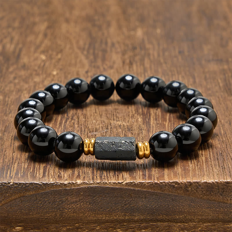 Buddha Stones Schwarzes Obsidian- und Turmalin-Schutzarmband, minimalistisch, mit runden Perlen - Schwarzer Obsidian & Schwarzer Turmalin (Rohform, länglich · Größe variiert) - 10 mm (Handgelenkumfang: 16-17 cm) - image 14