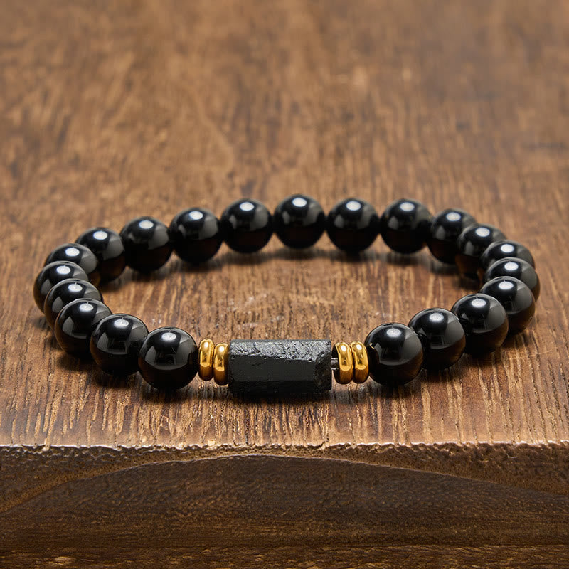 Buddha Stones Schwarzes Obsidian- und Turmalin-Schutzarmband, minimalistisch, mit runden Perlen - Schwarzer Obsidian & Schwarzer Turmalin (Rohform, länglich · Größe variiert) - 8 mm (Handgelenkumfang: 15-16 cm) - image 8