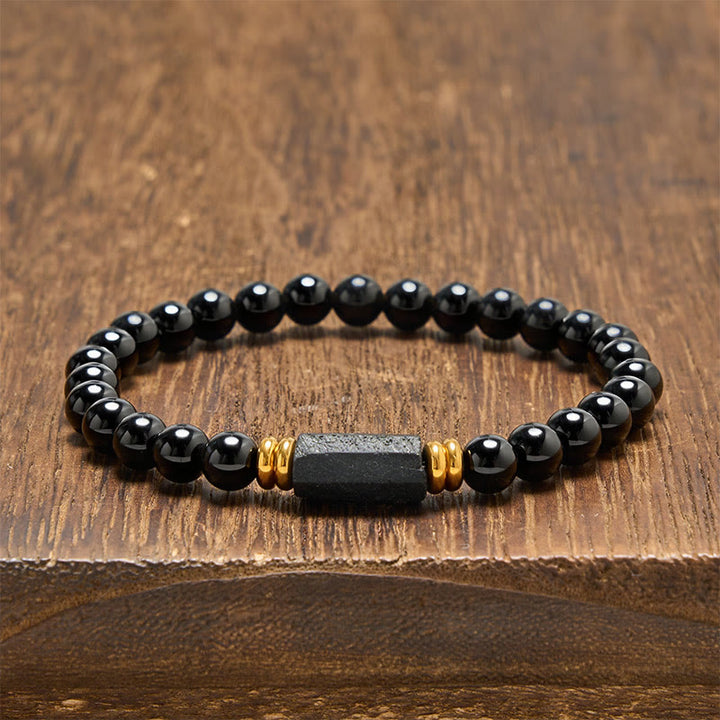 Buddha Stones Schwarzes Obsidian- und Turmalin-Schutzarmband, minimalistisch, mit runden Perlen - Schwarzer Obsidian & Schwarzer Turmalin (Rohform, länglich · Größe variiert) - 6 mm (Handgelenkumfang: 14-15 cm) - image 0