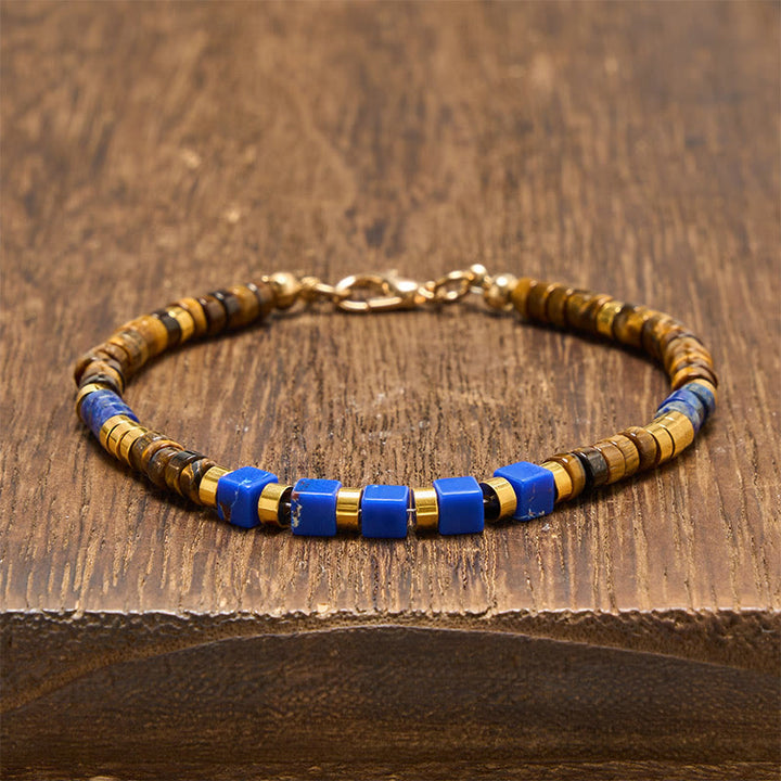 Buddha Stones Weisheitsarmband aus Lapislazuli und Tigerauge, quadratisch, mit Perlen besetzt - Lapislazuli & Tigerauge (Handgelenkumfang: 18-20 cm) - image 0