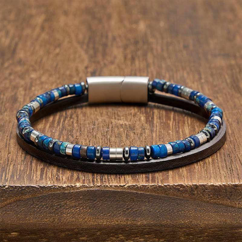 Buddha Stones Lapislazuli Truth Doppelwickel-Lederarmband - Zylindrischer Lapislazuli (Handgelenkumfang: 19-20 cm) - image 0