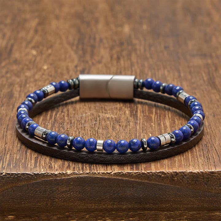 Buddha Stones Lapislazuli Truth Doppelwickel-Lederarmband - Runder Lapislazuli (Handgelenkumfang: 19-20 cm) - image 16