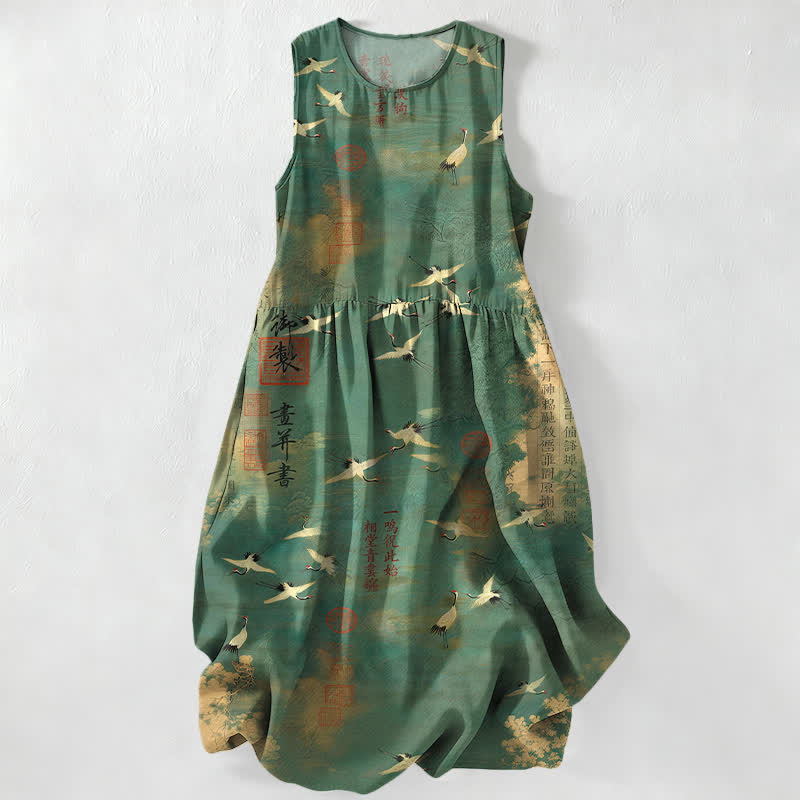 Buddha Stones Lässiges, ärmelloses Midikleid für Damen mit Taschen und orientalischem Kranich-Kalligrafiemuster - SeaGreen - US16, UK/AU20, EU48 (3XL) - image 0