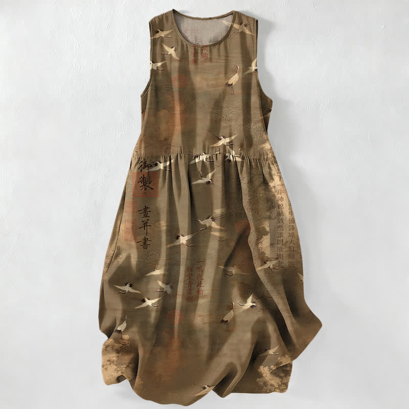 Buddha Stones Lässiges, ärmelloses Midikleid für Damen mit Taschen und orientalischem Kranich-Kalligrafiemuster - Dunkelgoldenrod - US16, UK/AU20, EU48 (3XL) - image 4