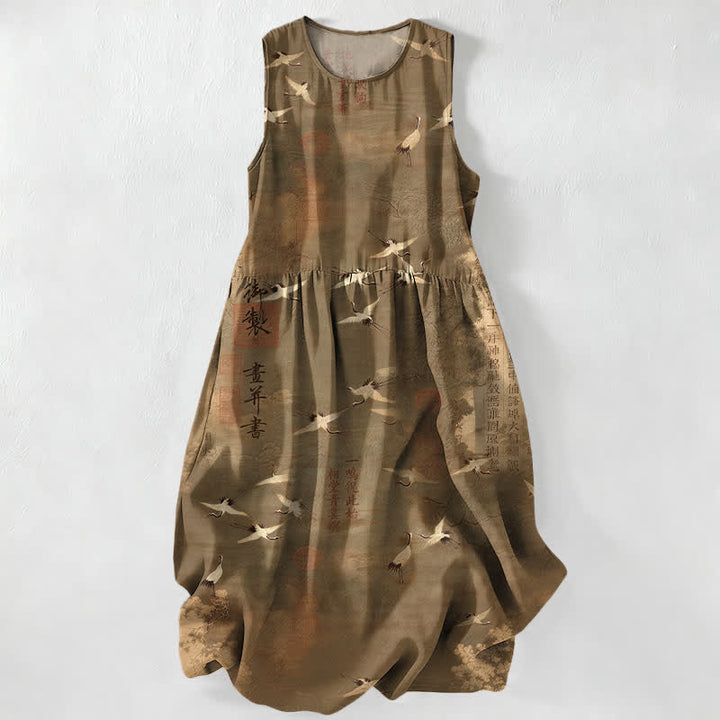 Buddha Stones Lässiges, ärmelloses Midikleid für Damen mit Taschen und orientalischem Kranich-Kalligrafiemuster - Dunkelgoldenrod - US16, UK/AU20, EU48 (3XL) - image 4