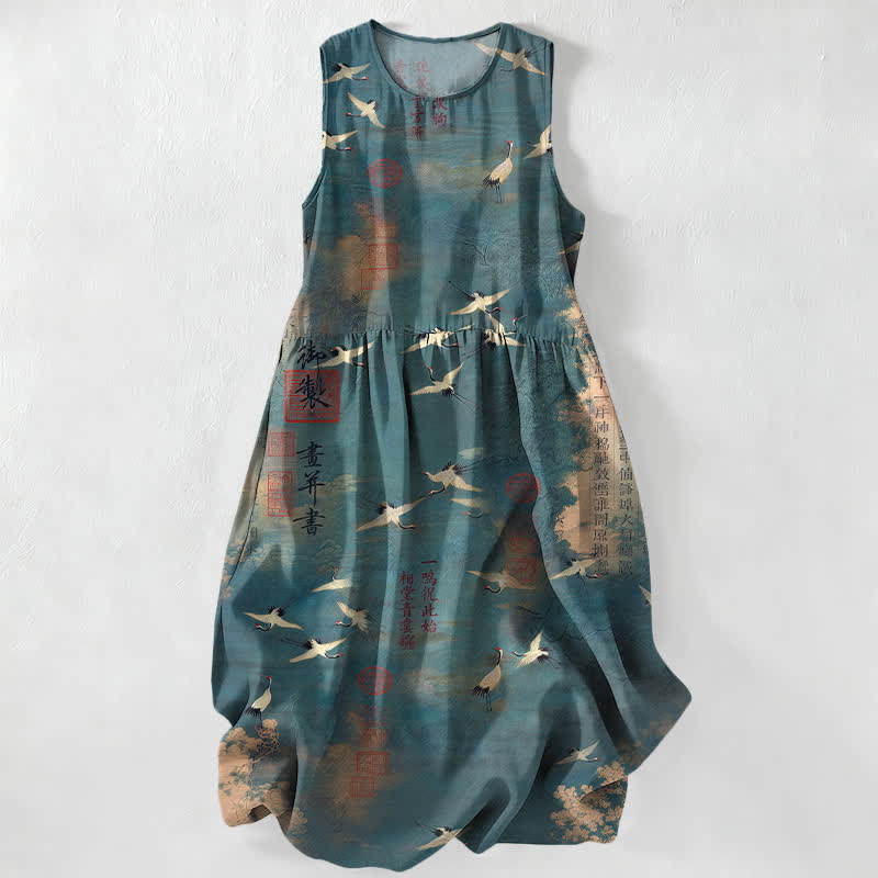 Buddha Stones Lässiges, ärmelloses Midikleid für Damen mit Taschen und orientalischem Kranich-Kalligrafiemuster - Kadettenblau - US16, UK/AU20, EU48 (3XL) - image 5