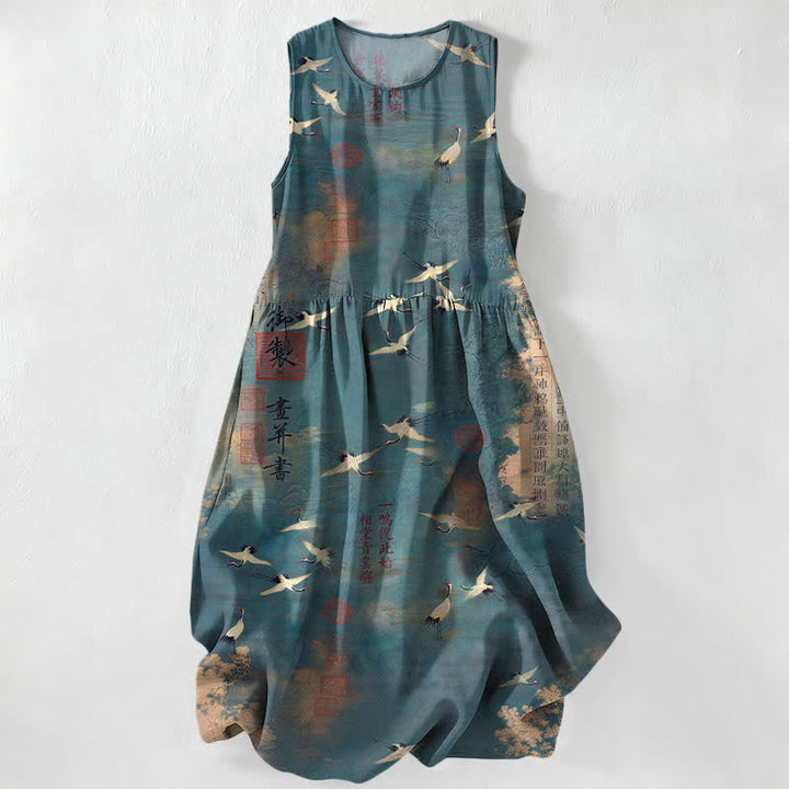 Buddha Stones Lässiges, ärmelloses Midikleid für Damen mit Taschen und orientalischem Kranich-Kalligrafiemuster - Kadettenblau - US16, UK/AU20, EU48 (3XL) - image 5