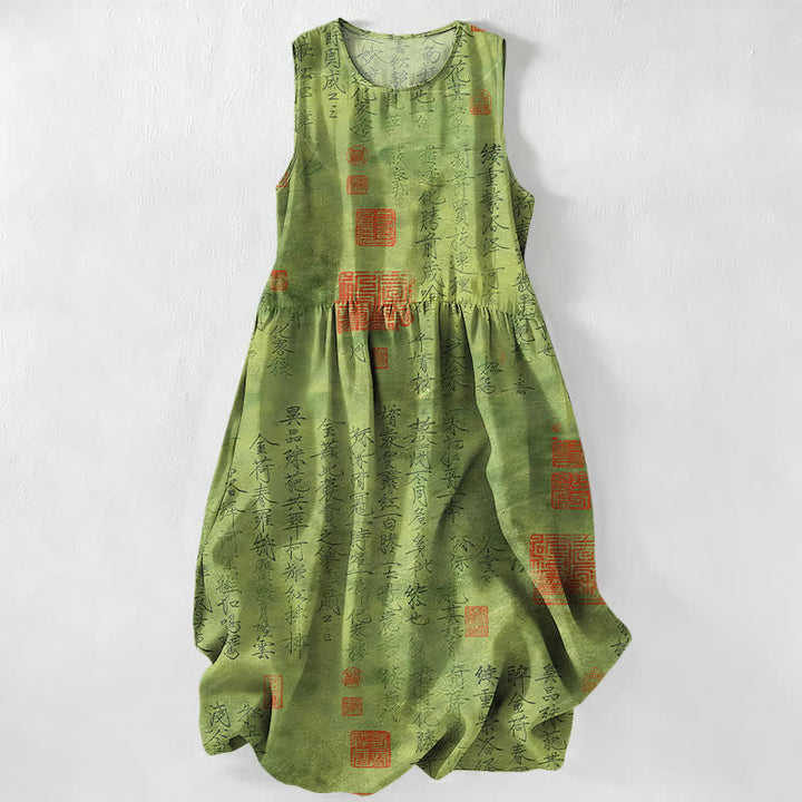 Buddha Stones Sommerliches, lässiges, ärmelloses Midikleid für Damen mit Taschen und chinesischem Kalligrafie-Siegelmuster - Olivgrün - US16, UK/AU20, EU48 (3XL) - image 0
