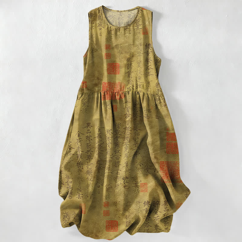 Buddha Stones Sommerliches, lässiges, ärmelloses Midikleid für Damen mit Taschen und chinesischem Kalligrafie-Siegelmuster - Dunkelkhaki - US16, UK/AU20, EU48 (3XL) - image 5