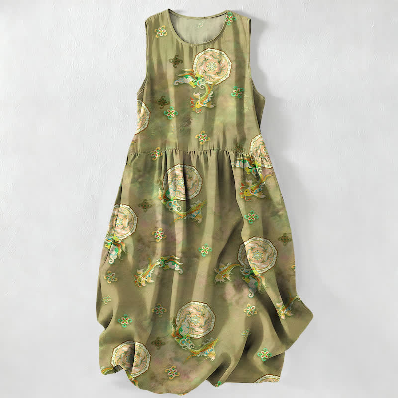 Buddha Stones Sommerliches, lässiges Vintage-Sommerkleid für Damen mit floralem Medaillon- und Blättermuster, ärmellos, Midi-Länge und Taschen - Olive - US16, UK/AU20, EU48 (3XL) - image 0