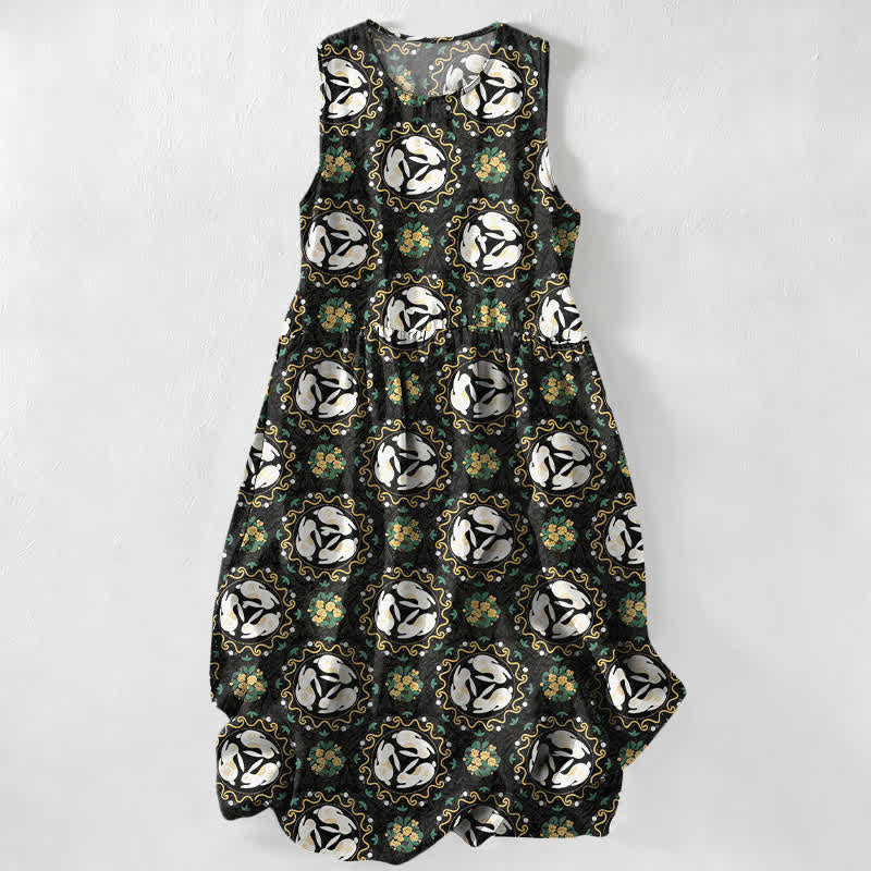 Buddha Stones Sommerliches, lässiges Vintage-Sommerkleid für Damen mit floralem Medaillon- und Blättermuster, ärmellos, Midi-Länge und Taschen - Schwarz - US16, UK/AU20, EU48 (3XL) - image 0