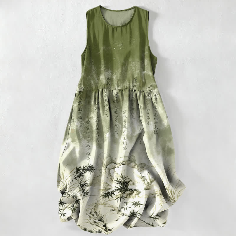 Buddha Stones Sommerliches, lässiges, ärmelloses Midikleid für Damen mit Taschen und Bambus-Landschaftsmuster - Olivgrün - US16, UK/AU20, EU48 (3XL) - image 0