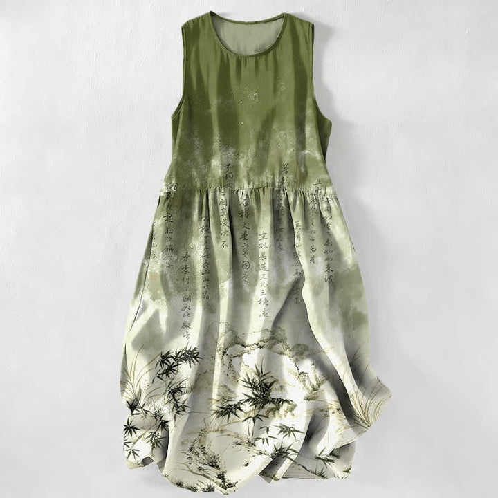 Buddha Stones Sommerliches, lässiges, ärmelloses Midikleid für Damen mit Taschen und Bambus-Landschaftsmuster - Olivgrün - US16, UK/AU20, EU48 (3XL) - image 0