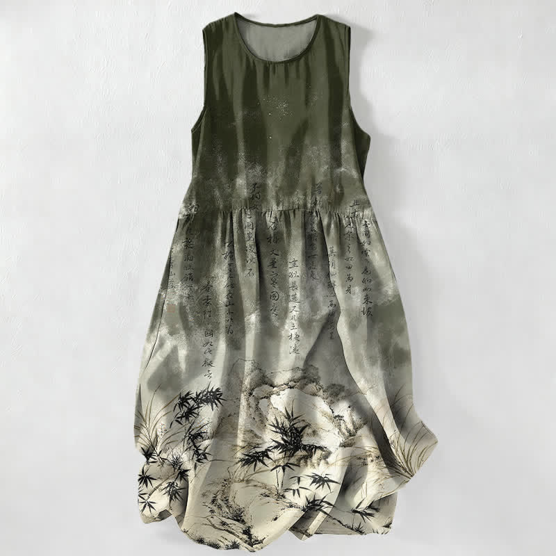 Buddha Stones Sommerliches, lässiges, ärmelloses Midikleid für Damen mit Taschen und Bambus-Landschaftsmuster - Schwarz - US16, UK/AU20, EU48 (3XL) - image 4