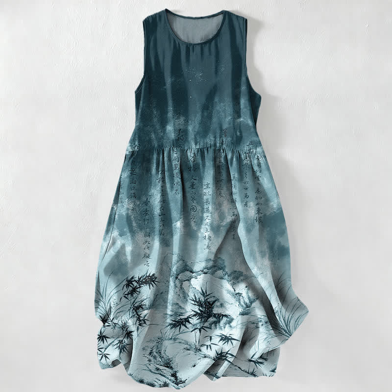 Buddha Stones Sommerliches, lässiges, ärmelloses Midikleid für Damen mit Taschen und Bambus-Landschaftsmuster - Türkis - US16, UK/AU20, EU48 (3XL) - image 5
