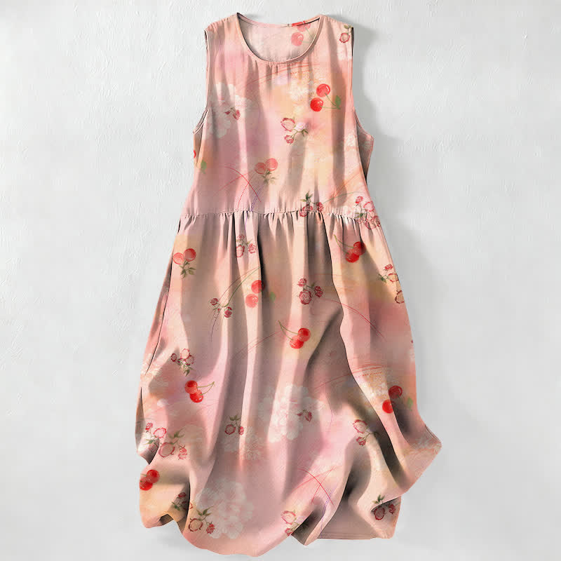 Buddha Stones Sommerliches, lässiges, ärmelloses Midikleid für Damen mit süßem Kirschblütenmuster und Taschen - Pfirsichpuff - US16, UK/AU20, EU48 (3XL) - image 0