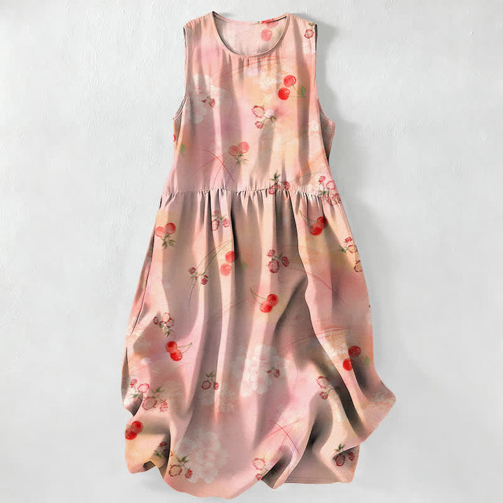 Buddha Stones Sommerliches, lässiges, ärmelloses Midikleid für Damen mit süßem Kirschblütenmuster und Taschen - Pfirsichpuff - US16, UK/AU20, EU48 (3XL) - image 0