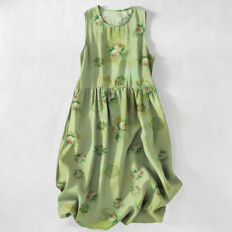Buddha Stones Lässiges, ärmelloses Sommerkleid für Damen mit rosa Blumen- und Blättermuster und Taschen - Gelbgrün - US16, UK/AU20, EU48 (3XL) - image 0