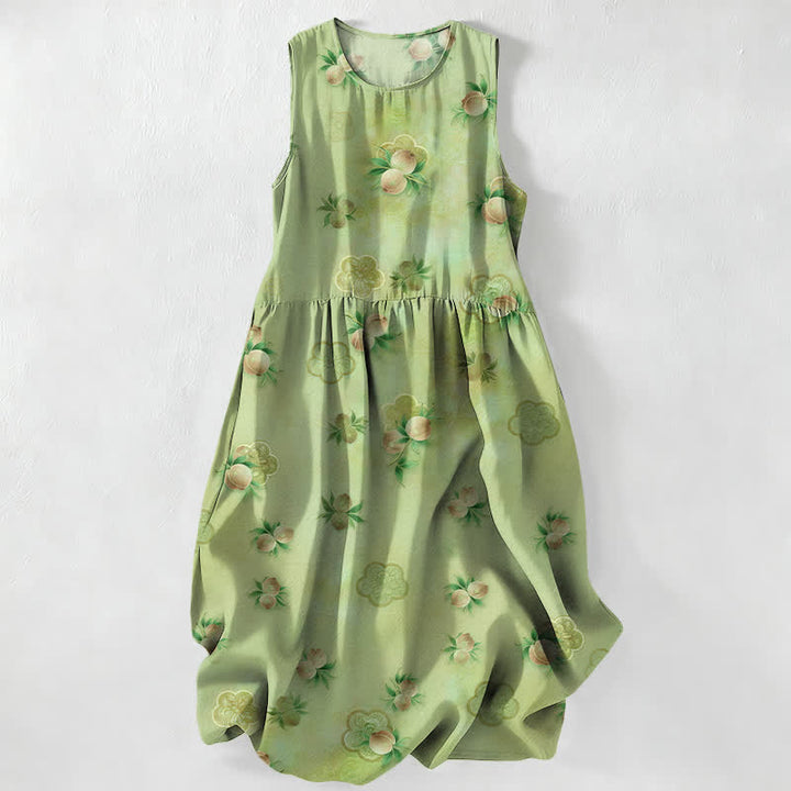 Buddha Stones Lässiges, ärmelloses Sommerkleid für Damen mit rosa Blumen- und Blättermuster und Taschen - Gelbgrün - US16, UK/AU20, EU48 (3XL) - image 0