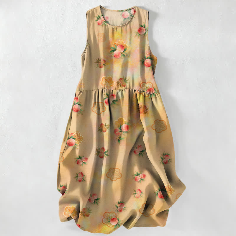 Buddha Stones Lässiges, ärmelloses Sommerkleid für Damen mit rosa Blumen- und Blättermuster und Taschen - Goldrute - US16, UK/AU20, EU48 (3XL) - image 5