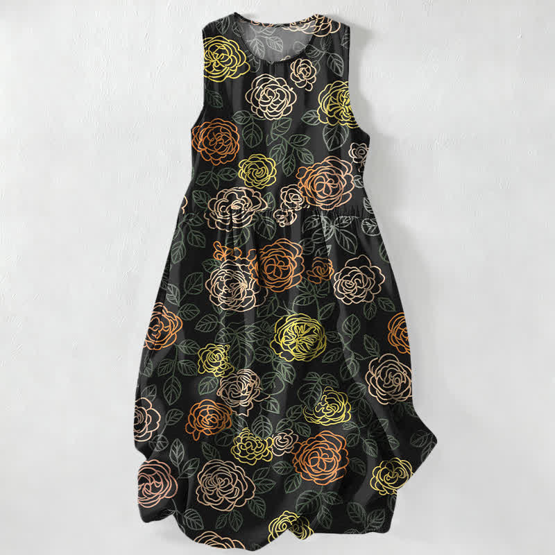 Buddha Stones Sommerliches, lässiges, farbenfrohes, ärmelloses Midikleid für Damen mit floralem Muster und Taschen - Schwarz - US16, UK/AU20, EU48 (3XL) - image 0