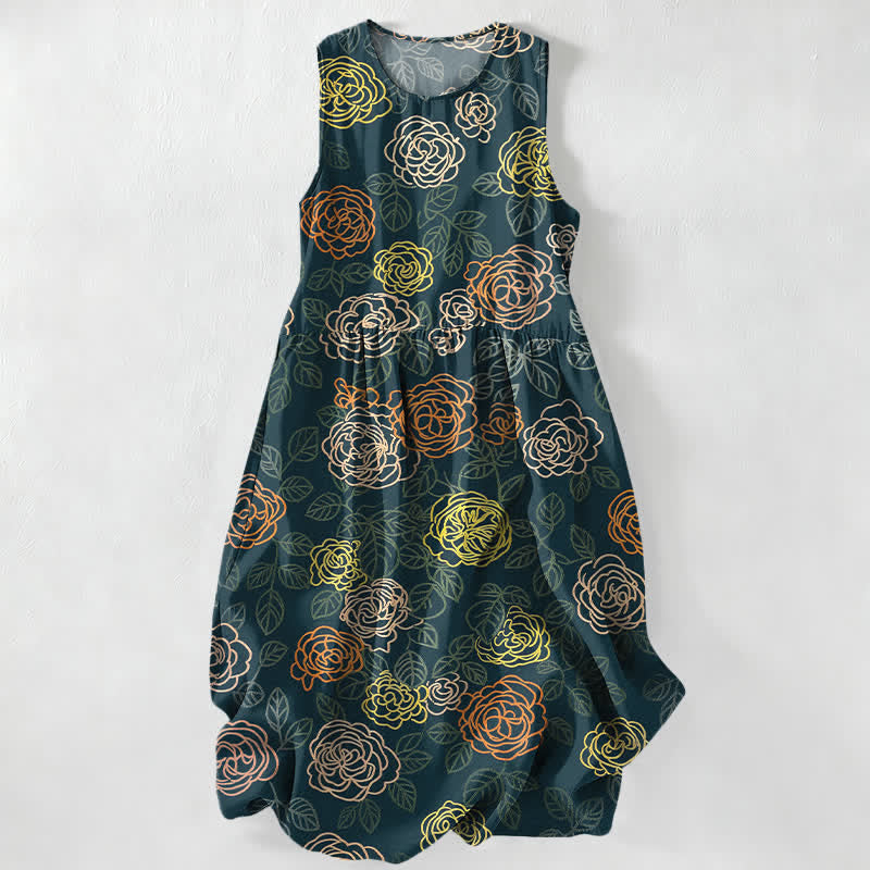 Buddha Stones Sommerliches, lässiges, farbenfrohes, ärmelloses Midikleid für Damen mit floralem Muster und Taschen - Dunkelgrau - US16, UK/AU20, EU48 (3XL) - image 4