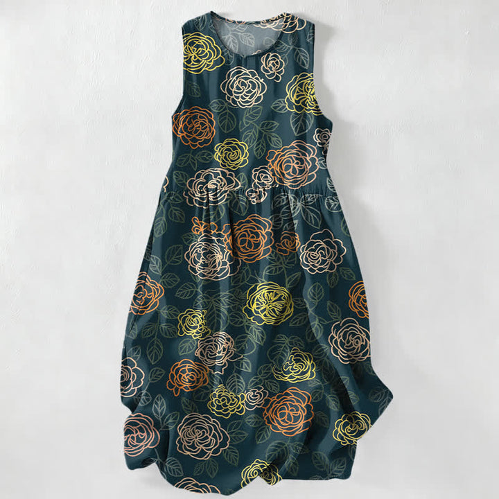 Buddha Stones Sommerliches, lässiges, farbenfrohes, ärmelloses Midikleid für Damen mit floralem Muster und Taschen - Dunkelgrau - US16, UK/AU20, EU48 (3XL) - image 4