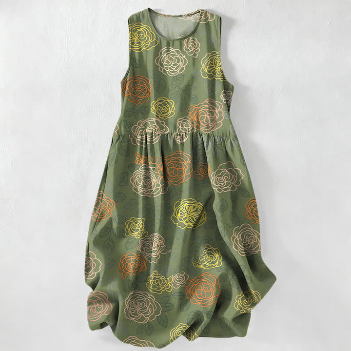 Buddha Stones Sommerliches, lässiges, farbenfrohes, ärmelloses Midikleid für Damen mit floralem Muster und Taschen - Dunkelolivgrün - US16, UK/AU20, EU48 (3XL) - image 5