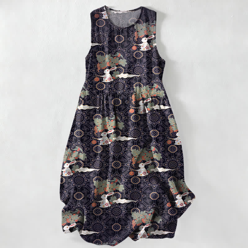 Buddha Stones Sommerliches, lässiges Vintage-Sommerkleid für Damen mit floralem Medaillon- und Blättermuster, ärmellos, Midi-Länge und Taschen - Indigo - US16, UK/AU20, EU48 (3XL) - image 0