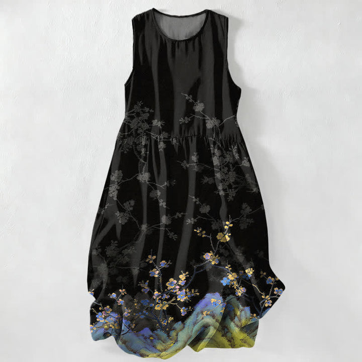Buddha Stones Lässiges, sommerliches Damen-Midikleid mit Vintage-Blumenmuster und Taschen - Schwarz - US16, UK/AU20, EU48 (3XL) - image 0
