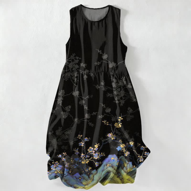 Buddha Stones Lässiges, sommerliches Damen-Midikleid mit Vintage-Blumenmuster und Taschen - Schwarz - US16, UK/AU20, EU48 (3XL) - image 0