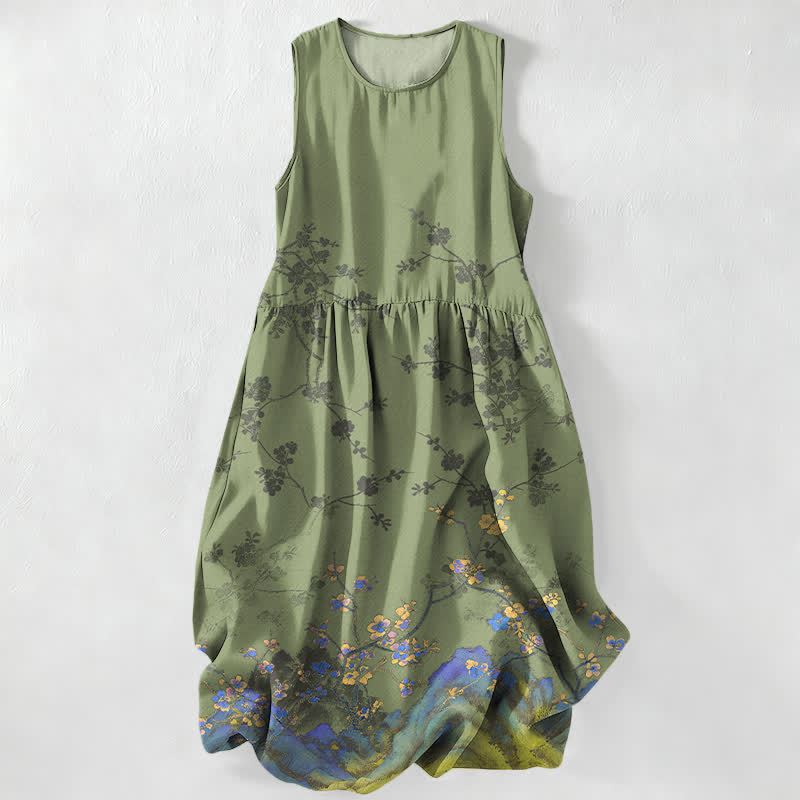 Buddha Stones Lässiges, sommerliches Damen-Midikleid mit Vintage-Blumenmuster und Taschen - Olivgrün - US16, UK/AU20, EU48 (3XL) - image 4