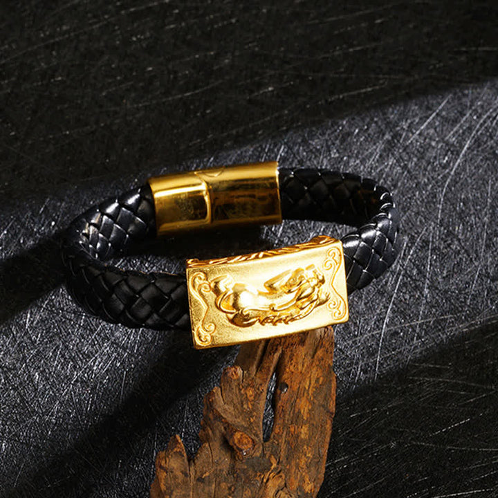 Buddha Stones Geflochtenes Lederarmband mit Pi Xiu Fu-Zeichen - Pixiu-Plakette - image 0