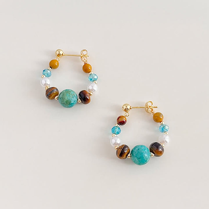Buddha Stones Handgefertigte Ohrringe mit Türkis, Tigerauge und Perle zum Schutz - image 1