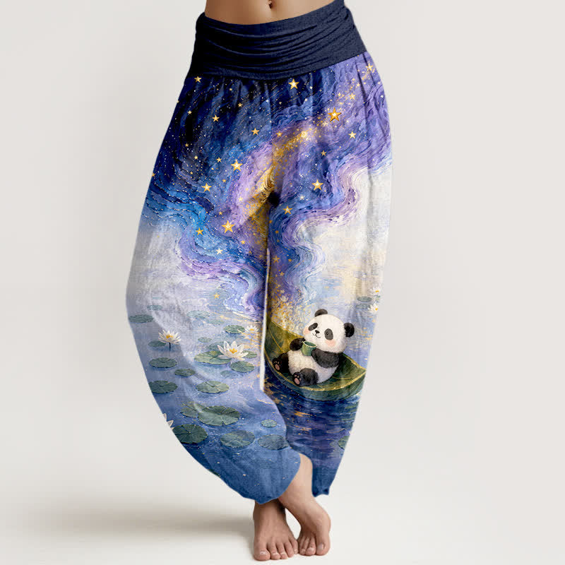 Buddha Stones Damen-Haremshose aus reiner Baumwolle mit Sternen-, Lotus- und Panda-Muster, elastischem Bund - Marine - US16, UK/AU20, EU48 (3XL) - image 0