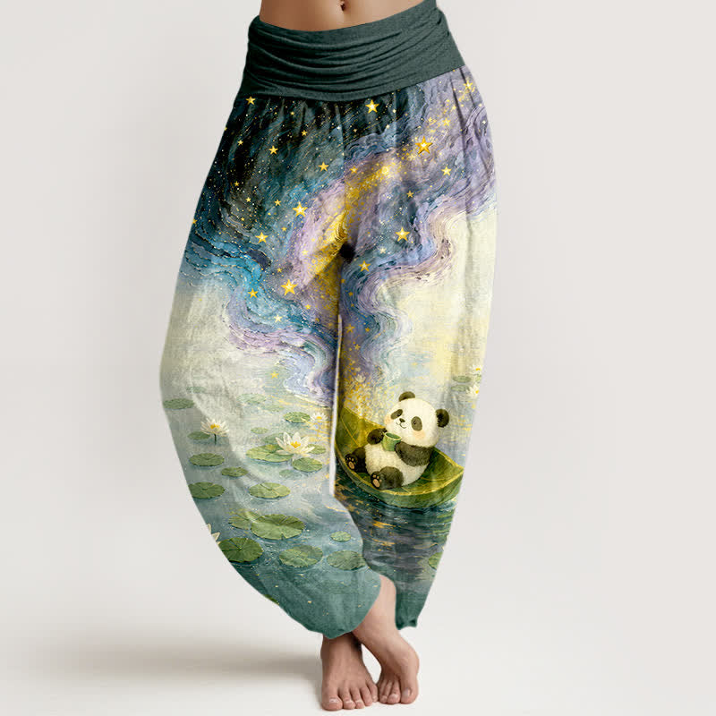 Buddha Stones Damen-Haremshose aus reiner Baumwolle mit Sternen-, Lotus- und Panda-Muster, elastischem Bund - Türkis - US16, UK/AU20, EU48 (3XL) - image 5