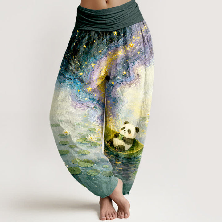 Buddha Stones Damen-Haremshose aus reiner Baumwolle mit Sternen-, Lotus- und Panda-Muster, elastischem Bund - Türkis - US16, UK/AU20, EU48 (3XL) - image 5