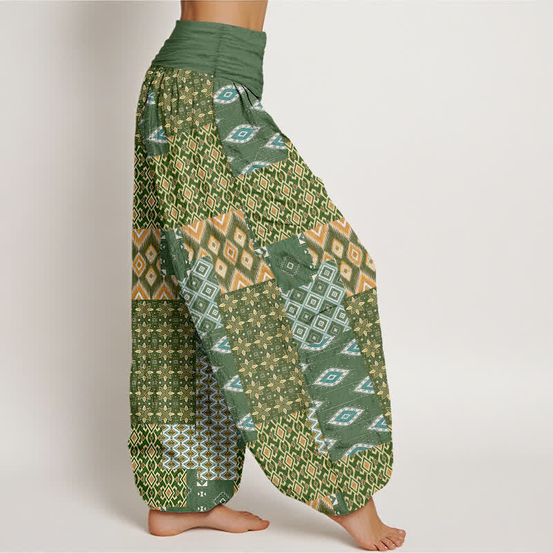 Buddha Stones Damen-Haremshose aus reiner Baumwolle mit geometrischem Patchwork-Muster im Bohème-Stil und elastischem Bund - image 2