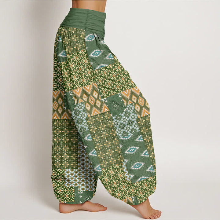 Buddha Stones Damen-Haremshose aus reiner Baumwolle mit geometrischem Patchwork-Muster im Bohème-Stil und elastischem Bund - image 2