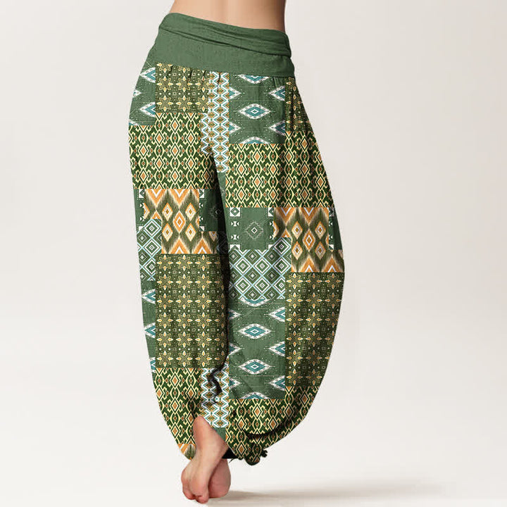 Buddha Stones Damen-Haremshose aus reiner Baumwolle mit geometrischem Patchwork-Muster im Bohème-Stil und elastischem Bund - image 1