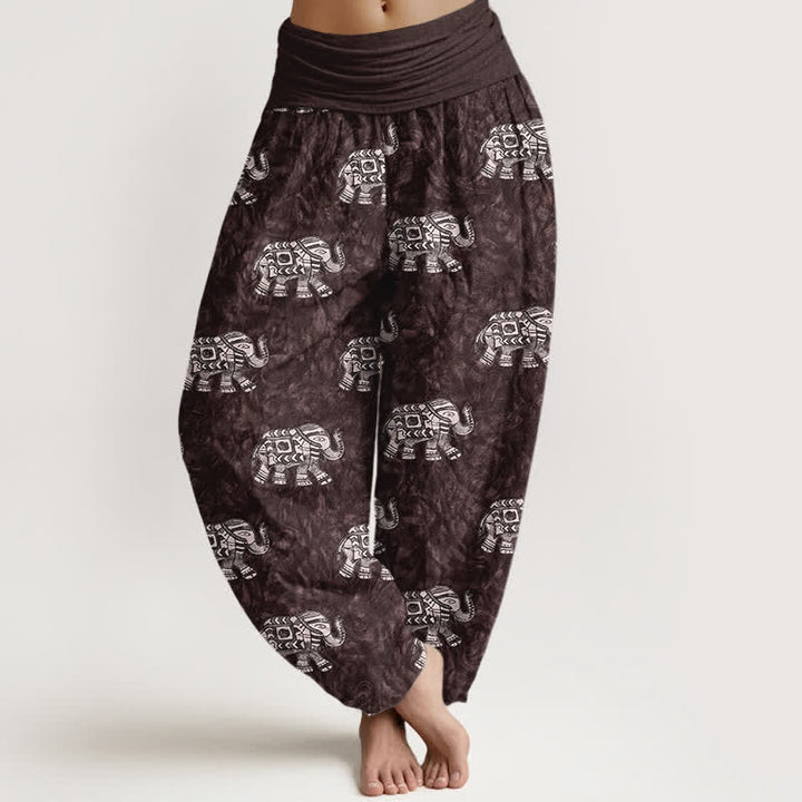 Buddha Stones Damen-Haremshose aus reiner Baumwolle mit weißem Elefantenmuster und elastischem Bund - Kastanienbraun - US16, UK/AU20, EU48 (3XL) - image 0