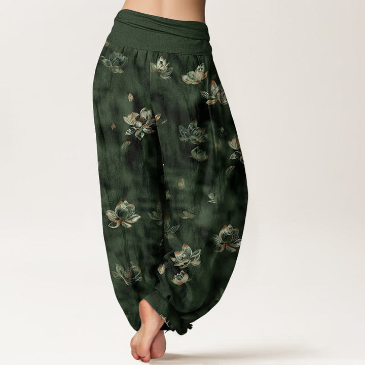 Buddha Stones Damen-Haremshose aus reiner Baumwolle mit Vintage-Lotusblumenmuster und elastischem Bund - image 1
