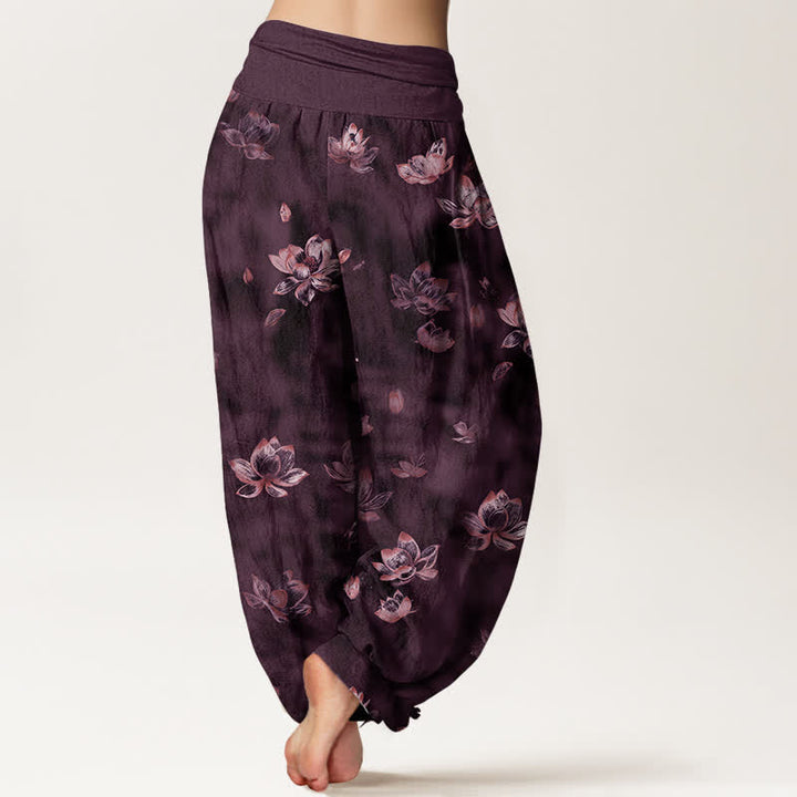 Buddha Stones Damen-Haremshose aus reiner Baumwolle mit Vintage-Lotusblumenmuster und elastischem Bund - image 6