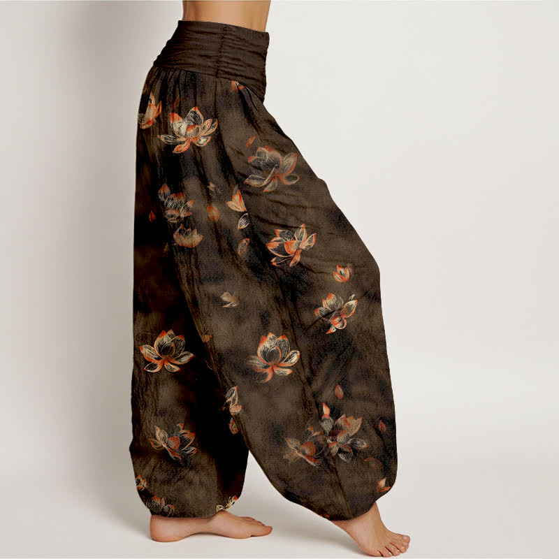 Buddha Stones Damen-Haremshose aus reiner Baumwolle mit Vintage-Lotusblumenmuster und elastischem Bund - image 10