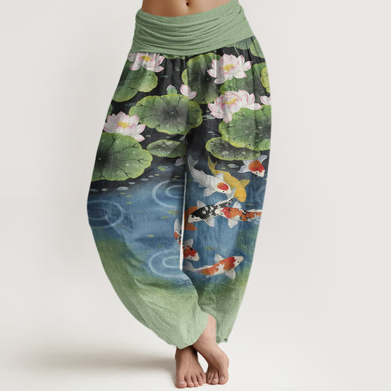 Buddha Stones Baumwoll-Haremshose mit Lotus-Koi-Teich-Muster und elastischem Bund für Damen - Olivgrün - US16, UK/AU20, EU48 (3XL) - image 0