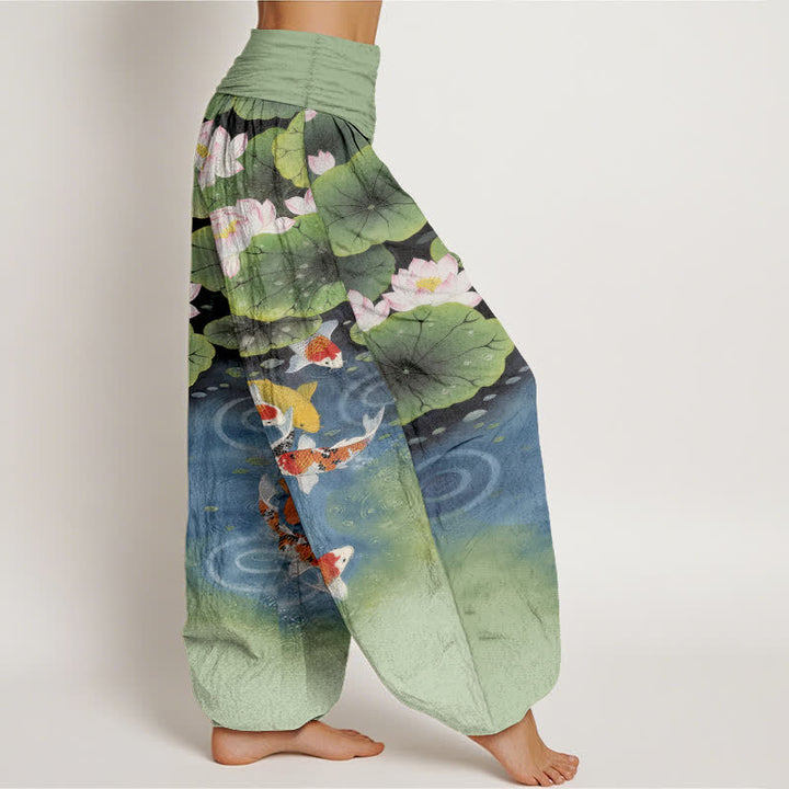 Buddha Stones Baumwoll-Haremshose mit Lotus-Koi-Teich-Muster und elastischem Bund für Damen - image 2