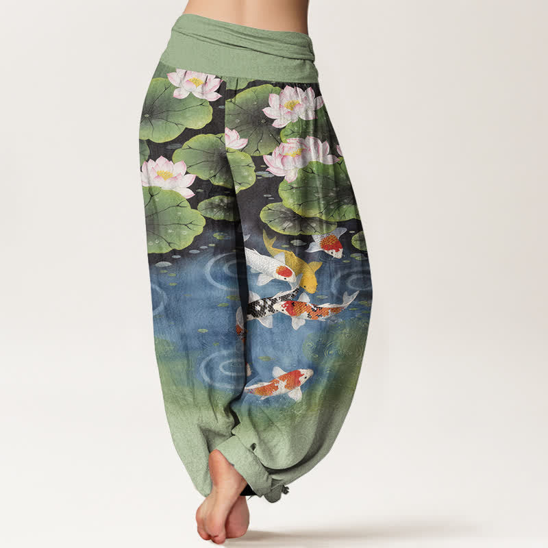 Buddha Stones Baumwoll-Haremshose mit Lotus-Koi-Teich-Muster und elastischem Bund für Damen - image 1