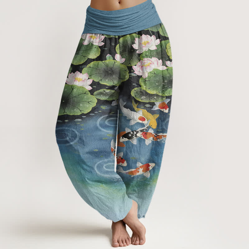 Buddha Stones Baumwoll-Haremshose mit Lotus-Koi-Teich-Muster und elastischem Bund für Damen - SteelBlue - US16, UK/AU20, EU48 (3XL) - image 5