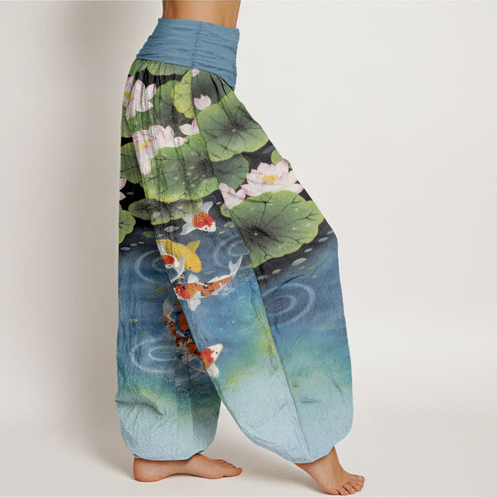 Buddha Stones Baumwoll-Haremshose mit Lotus-Koi-Teich-Muster und elastischem Bund für Damen - image 7
